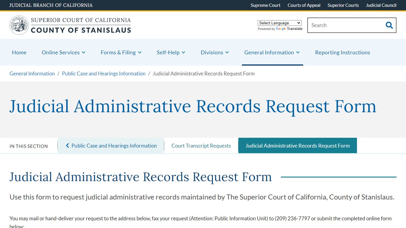 Judicial Administrative Records Request Form - County of Stanislaus